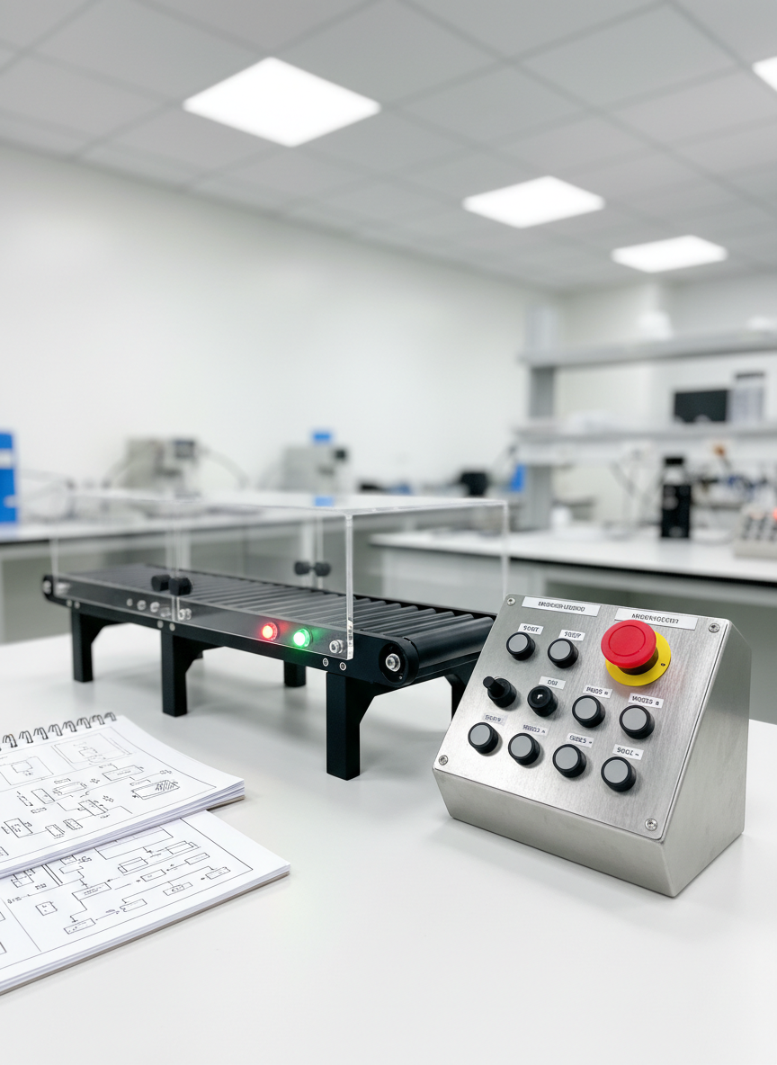 A compact tabletop smart automation demo setup in a clean lab environment, featuring a small conveyor belt system with matte black rollers, transparent safety guards, and color-coded indicator lights glowing softly red, green, and yellow. Beside it, a modular control panel with neatly labeled buttons, selector switches, and an illuminated emergency stop button rests on a brushed metal plate. A stack of printed diagrams and flowcharts sits just outside the main focus. Bright, evenly distributed lab lighting ensures clear visibility of every element, with photographic realism and an eye-level composition that creates a professional, technical mood, ideal for illustrating practical hands-on expertise in intelligent automation engineering.