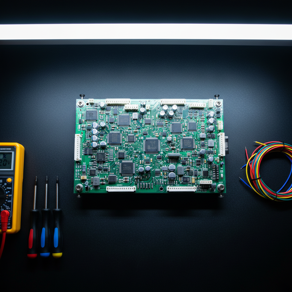 A close-up of a sleek circuit board prototype carefully mounted on a matte black workbench, showcasing intricate green pathways, shining solder joints, and small labeled connectors for sensors and actuators. Surrounding it are precision tools: a multimeter with a clear digital display, fine-tip screwdrivers, and color-coded jumper wires neatly arranged. Overhead cool-white lab lighting creates crisp reflections on metallic components and clear, defined shadows, emphasizing detail. Shot from a slightly elevated angle in photographic realism, with a balanced composition that highlights the engineering precision and methodical organization, evoking a professional, focused atmosphere suitable for a smart automation engineering student’s portfolio.