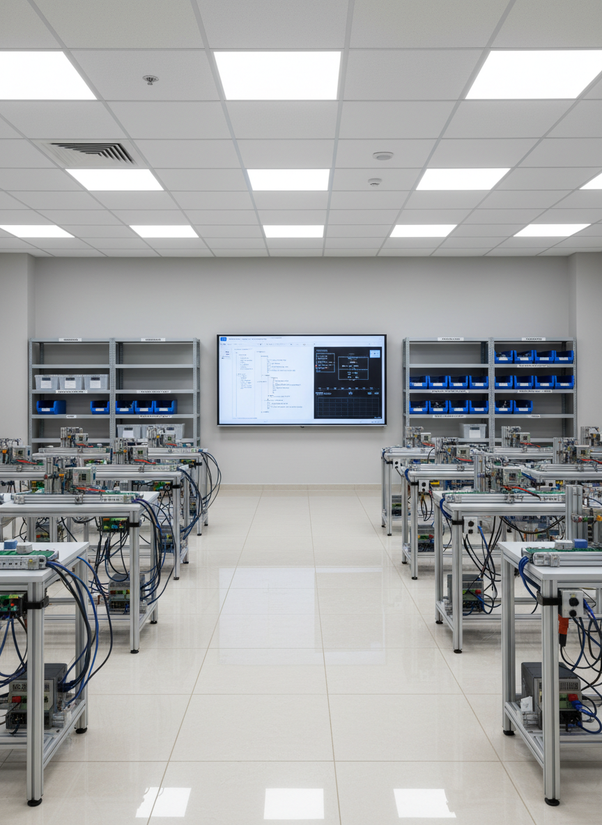 A modern university classroom dedicated to smart automation, with rows of compact workstations each equipped with small robotic conveyor setups, PLC units, and neatly bundled cables. At the front, a large wall-mounted screen displays a clean ladder logic diagram and system overview. The room features light grey walls, polished tile flooring, and organized shelving with labeled components and toolkits. Bright, even fluorescent lighting fills the room, eliminating harsh shadows and creating a clear, documentary photographic realism. Captured from a wide, slightly elevated perspective with sharp focus throughout, the composition emphasizes order, professionalism, and a high-tech learning environment that reflects serious academic training.