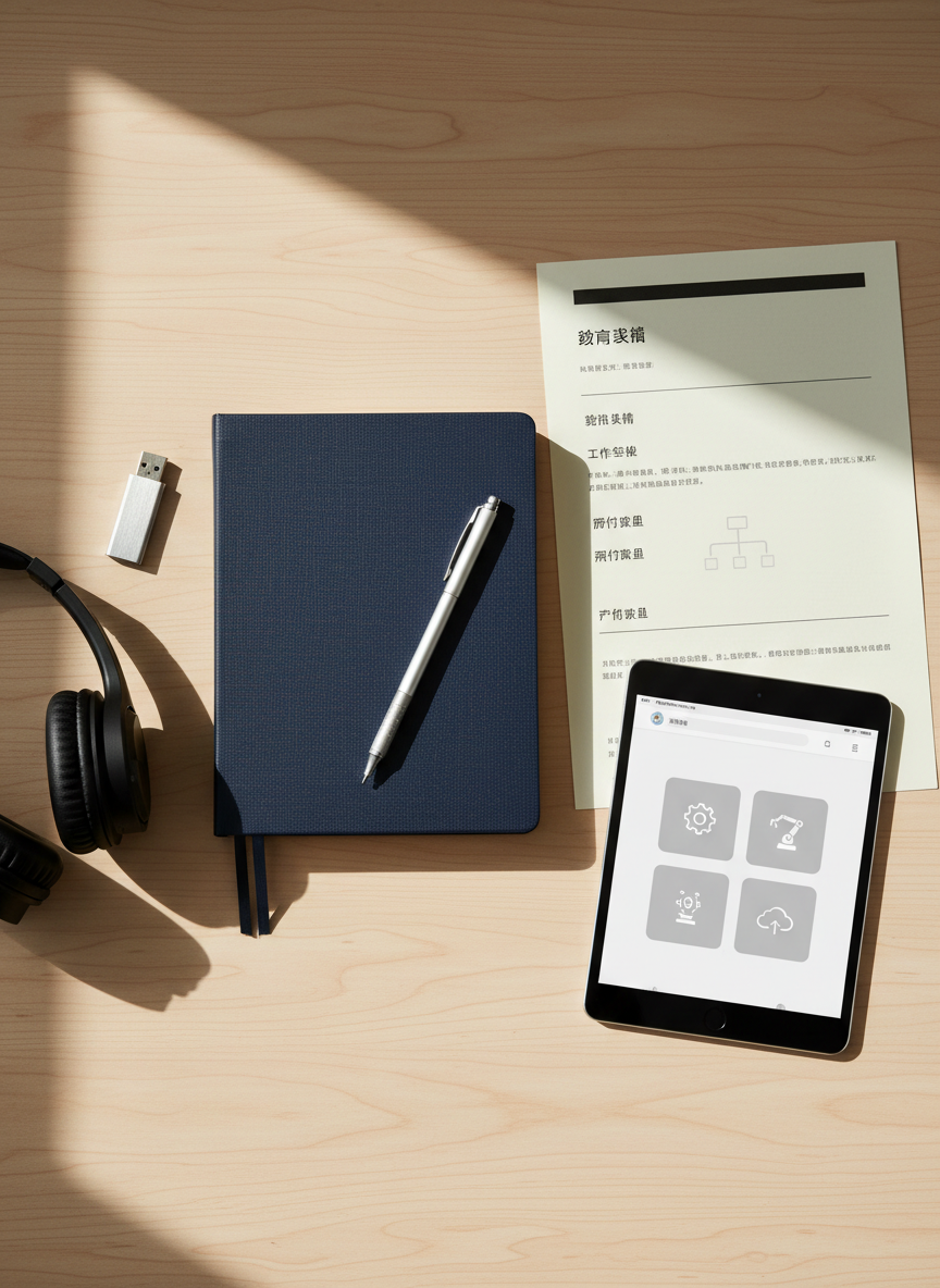 A stylish resume-style flat lay arranged on a smooth light-wood surface, featuring a dark navy hardcover notebook with a subtle texture, a silver mechanical pencil, a printed resume template with clean minimalist typography in Chinese, and a slim tablet showing a simple portfolio homepage with automation-related icons. A pair of black over-ear headphones and a USB drive with a brushed metal finish sit nearby, suggesting focus and preparedness. Soft natural window light from the left casts gentle, elongated shadows and highlights the textures of paper and metal. Photographic realism from a top-down, bird’s-eye composition, with a calm, professional atmosphere that communicates organization, ambition, and clarity.