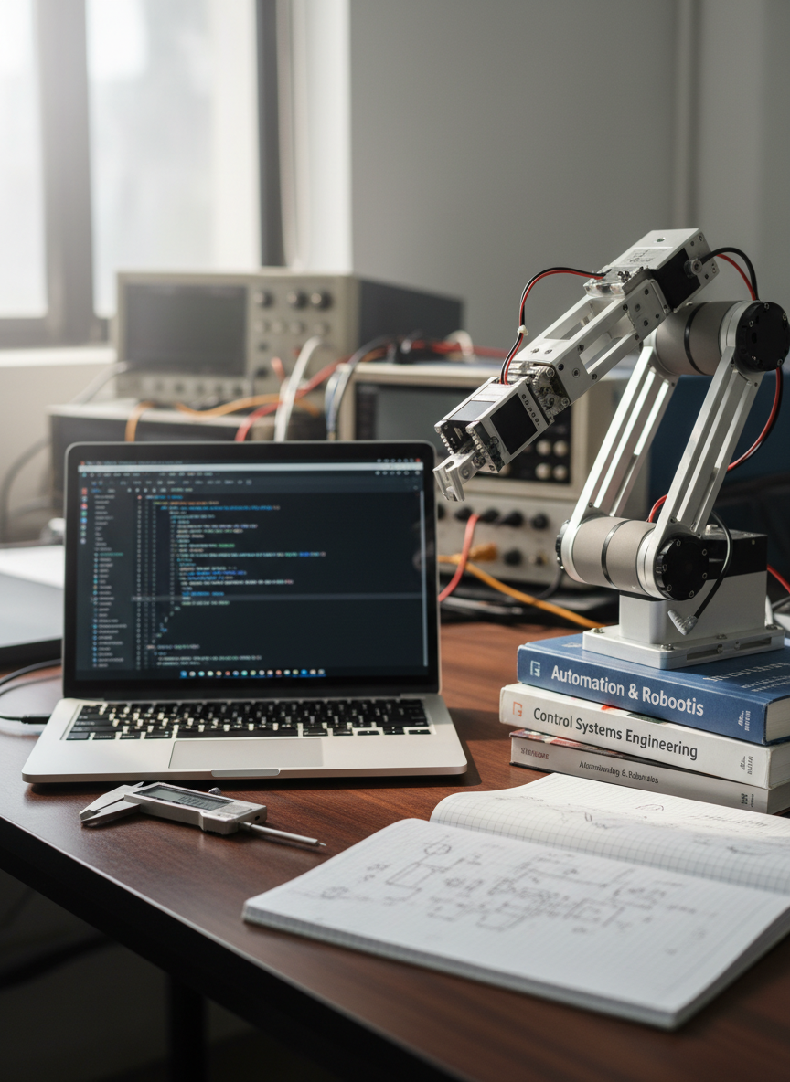 A neatly organized engineering study desk in a quiet university lab, featuring an open laptop displaying a clean code editor and a partially assembled robotic arm with brushed aluminum joints and precise servo motors. Around it are neatly stacked textbooks on automation and control, a grid notebook filled with schematic diagrams, and a digital caliper resting on a dark wooden surface. Soft, diffused daylight enters from an unseen window, creating gentle reflections on metal surfaces and subtle shadows. Photographic realism at eye-level, with a shallow depth of field that keeps the robotic arm sharply in focus while the background lab equipment dissolves into a professional, academic blur, conveying dedication and technical expertise.